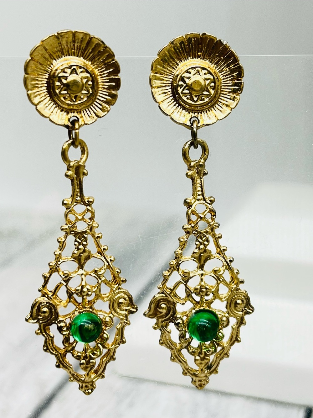 371. Vintage Victorian Revival Filigree Dangle Green Glass Cabochon Earrings